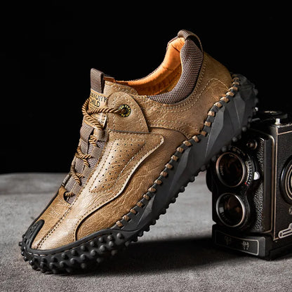 Men’s Vintage Leather Hiking Shoes – Genuine Leather, Orthopedic Arch Support, Wide Toe Box, Waterproof, Breathable, Hand-Sewn, Non-Slip, Lightweight Shoes for Driving & Walking