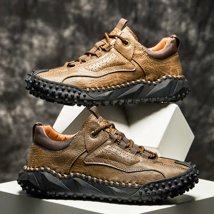 Men’s Vintage Leather Hiking Shoes – Genuine Leather, Orthopedic Arch Support, Wide Toe Box, Waterproof, Breathable, Hand-Sewn, Non-Slip, Lightweight Shoes for Driving & Walking