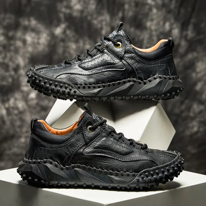 Men’s Vintage Leather Hiking Shoes – Genuine Leather, Orthopedic Arch Support, Wide Toe Box, Waterproof, Breathable, Hand-Sewn, Non-Slip, Lightweight Shoes for Driving & Walking